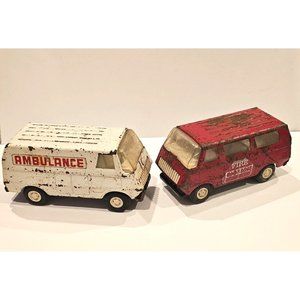 Vintage Tonka 1978 Mini Pressed Steel Ambulance & Fire Chief Vans - MADE IN USA